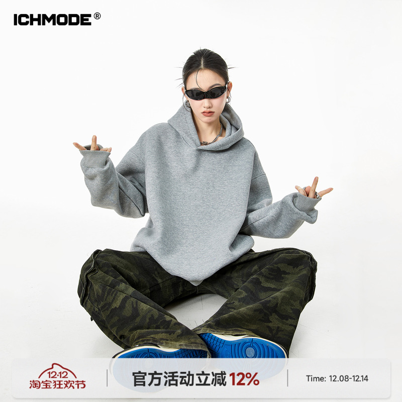 美式春季宽松纯色连帽卫衣女