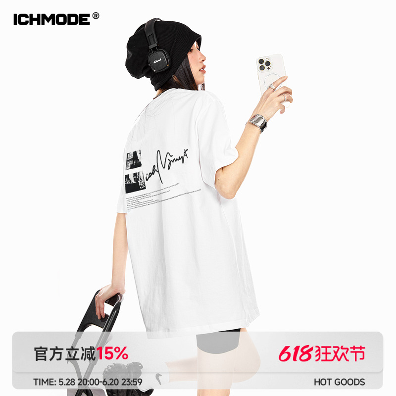 ICH MODE 260G重磅潮流背后印花美式短袖oversize设计质t恤女上衣