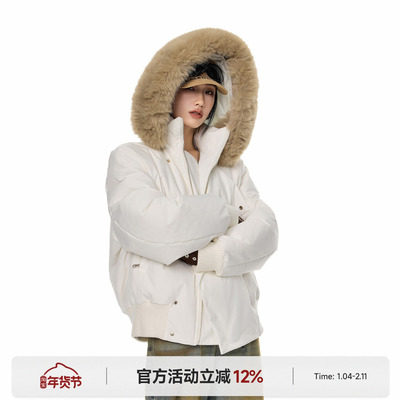 ICH MODE 美式短款毛领棉衣棉服女新款冬季连帽保暖棉袄加厚外套