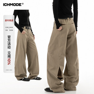 裤 女春季 新款 ICHMODE 阔腿休闲裤 拼接工装 宽松直筒解构弯刀裤 美式