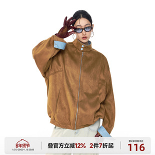 ICHMODE 美式撞色拼接麂皮绒外套女春季复古休闲夹克运动宽松上衣