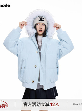 ICH MODE 美式90白鸭绒连帽毛领蓝色羽绒服女冬季外套加厚派克服