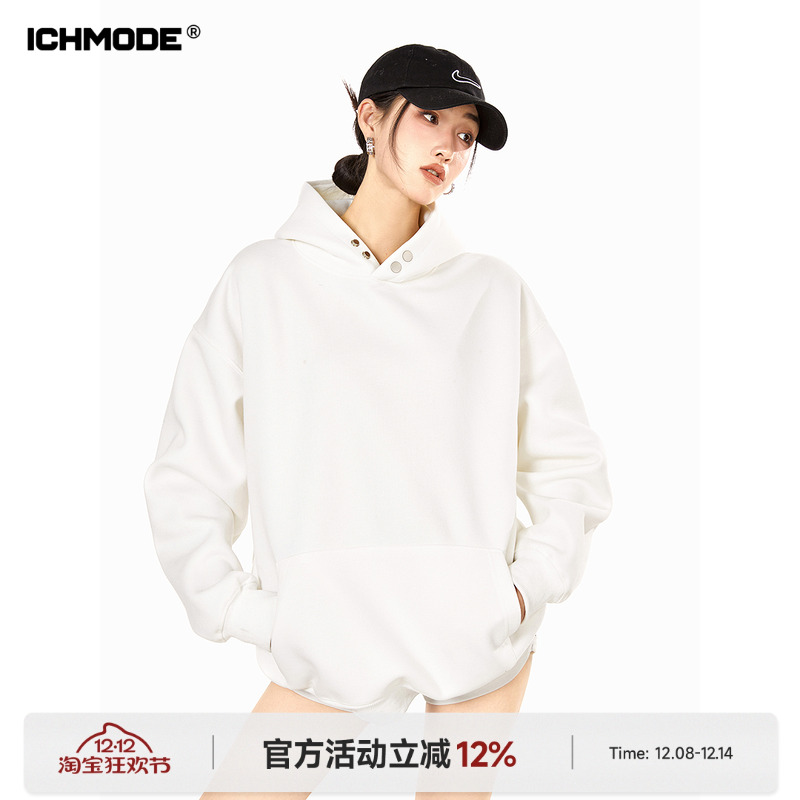 纯色半高领连帽卫衣女