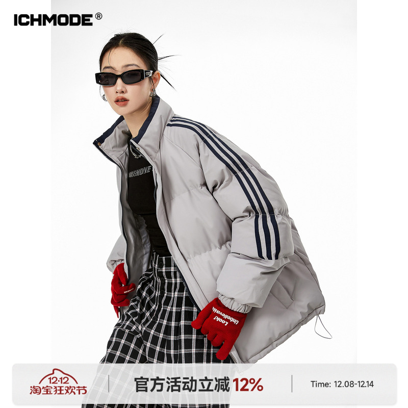 复古条纹立领街头美式棉服冬