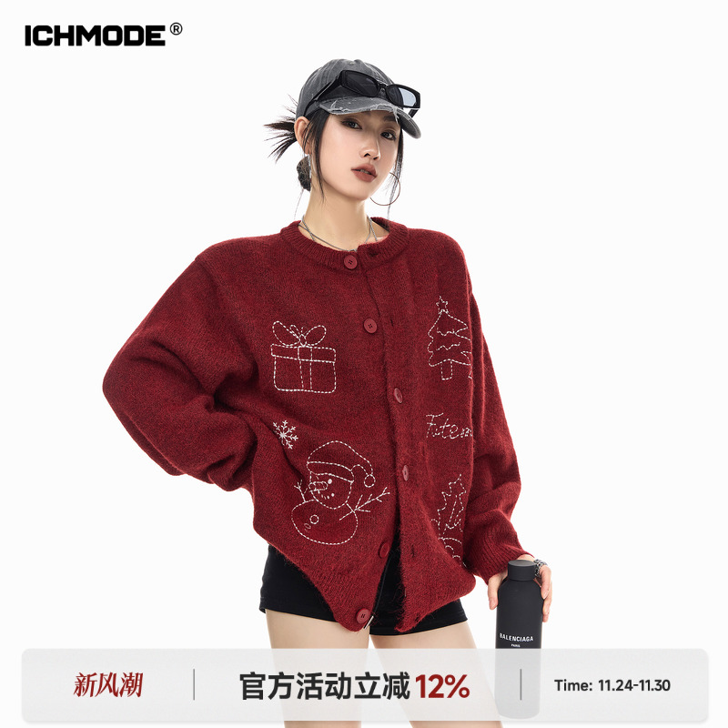 ICH MODE 美式圣诞风毛针织衫女冬季复古开衫毛衣慵懒高级感上衣