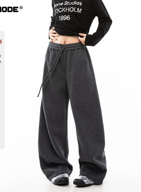 ICH MODE 美式复古纯色加绒休闲裤女直筒裤宽松运动裤阔腿裤卫裤