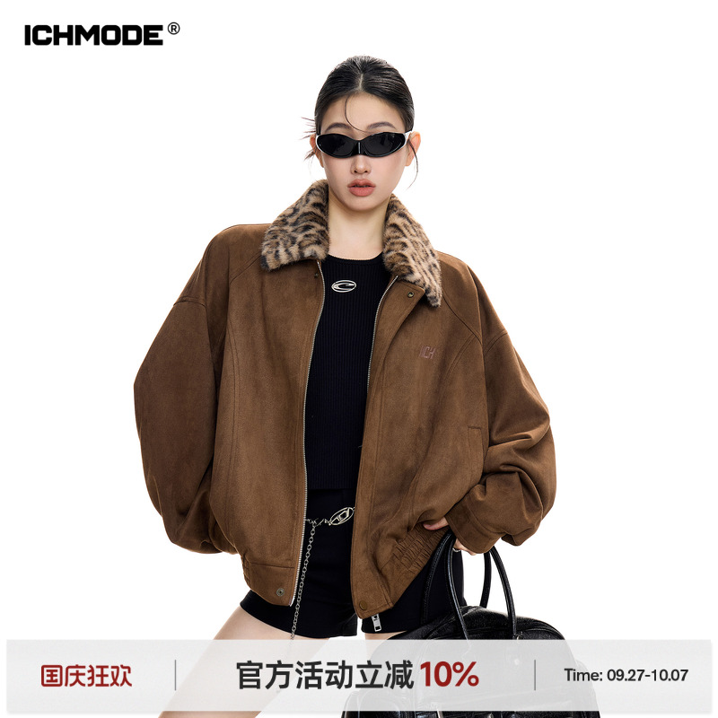 美式豹纹拼接麂皮绒外套女上衣