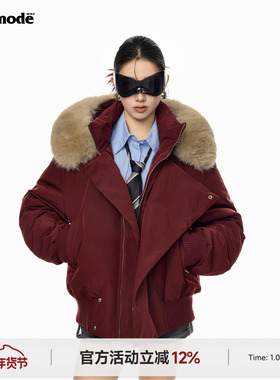 ICH MODE 美式毛领连帽红色棉服女2025新款冬季短款棉袄加厚外套