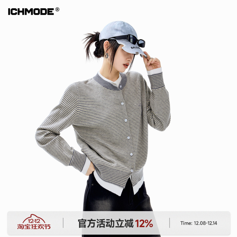 ICH MODE 美式假两件撞色条纹针织开衫女秋冬季短款修身毛衣外套