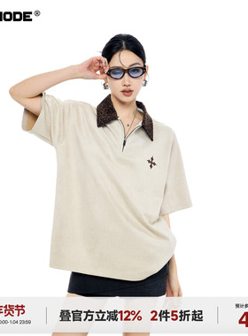 ICH MODE【1/4 官方叠加2件5折起】美式麂皮翻领短袖T恤女春上衣