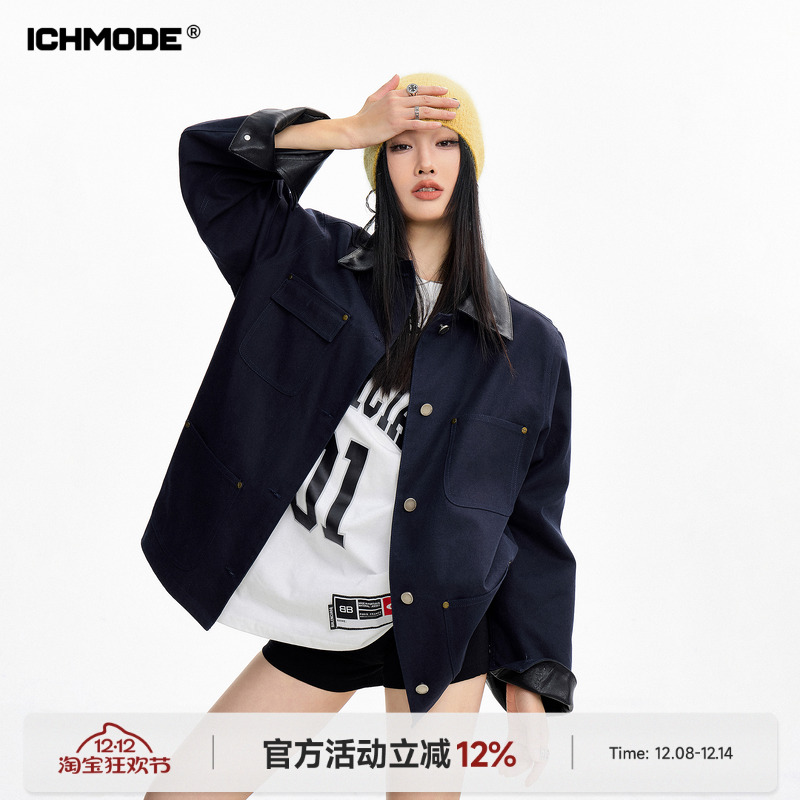 ICH MODE 美式复古巴恩风短款风衣外套女秋冬季宽松开衫夹克上衣