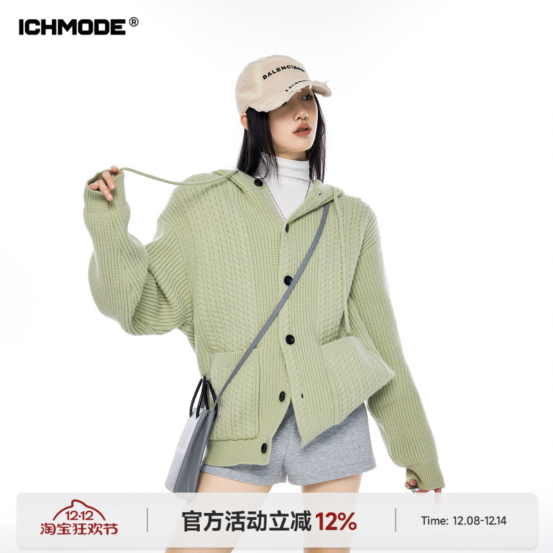 美式连帽松弛针织开衫女毛衣