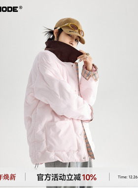 ICH MODE 美式复古撞色翻领棉服女冬季夹棉外套轻薄棉衣棉袄新款
