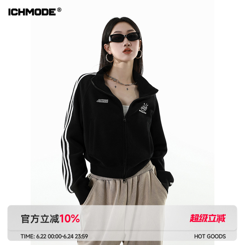 ICH MODE 美式复古短款黑色外套女春秋2025新款运动卫衣开衫