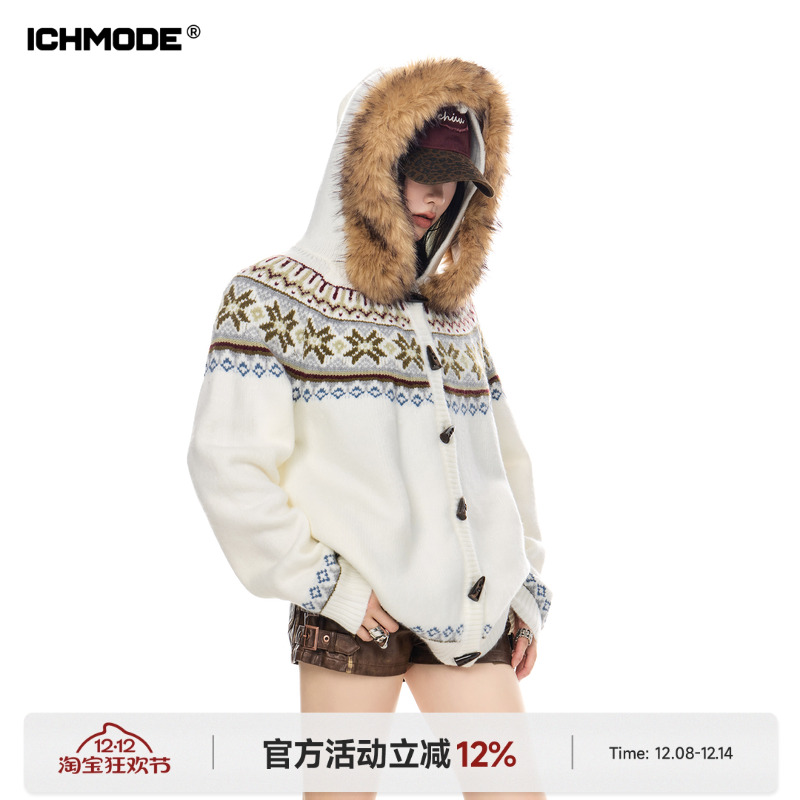 美式费尔岛毛领连帽开衫毛衣女