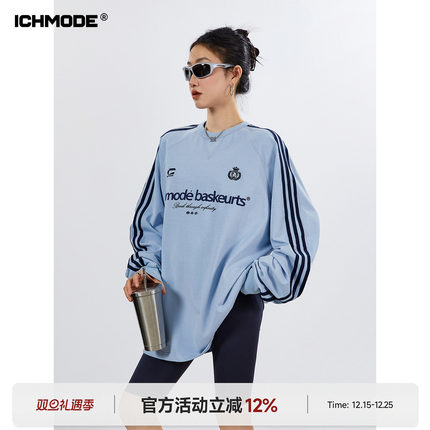 ICH MODE 270G美式复古条纹长袖T恤潮牌街头宽松休闲运动上衣女秋