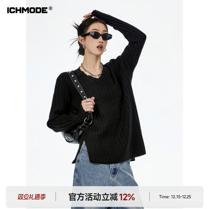 ICH MODE 美式黑色毛衣女秋宽松内搭针织打底衫长袖慵懒风上衣