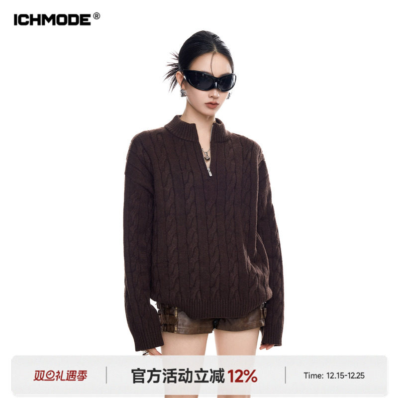 美式老钱风毛衣女半拉链针织衫