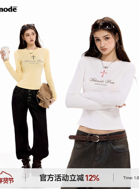 ICH MODE 美式十字架正肩长袖T恤女春季新款修身显瘦一字肩上衣