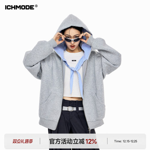 美式休闲连帽卫衣开衫外套女