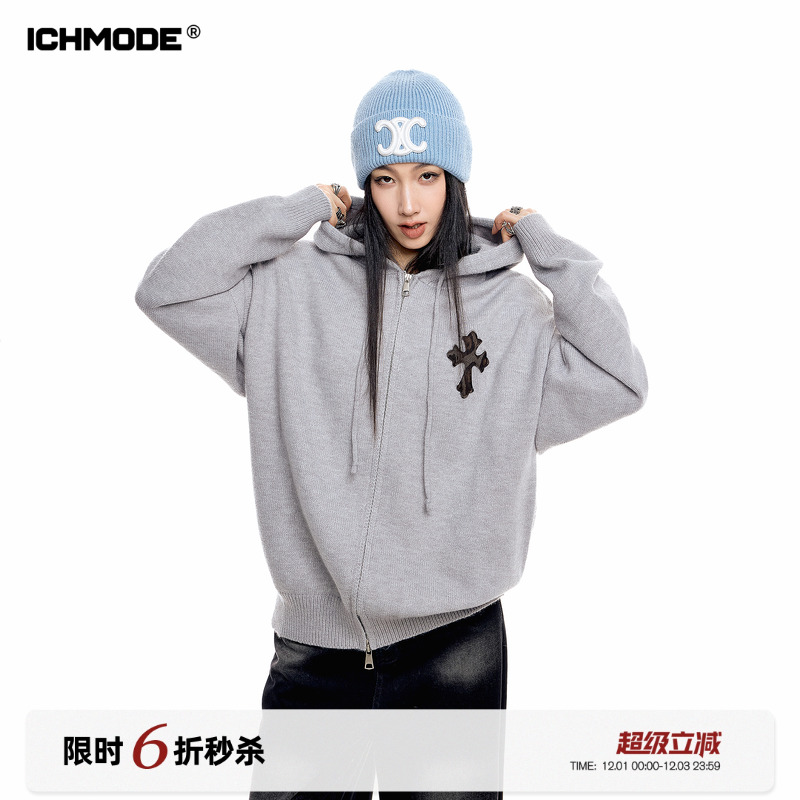 美式豹纹连帽毛针织开衫女毛衣