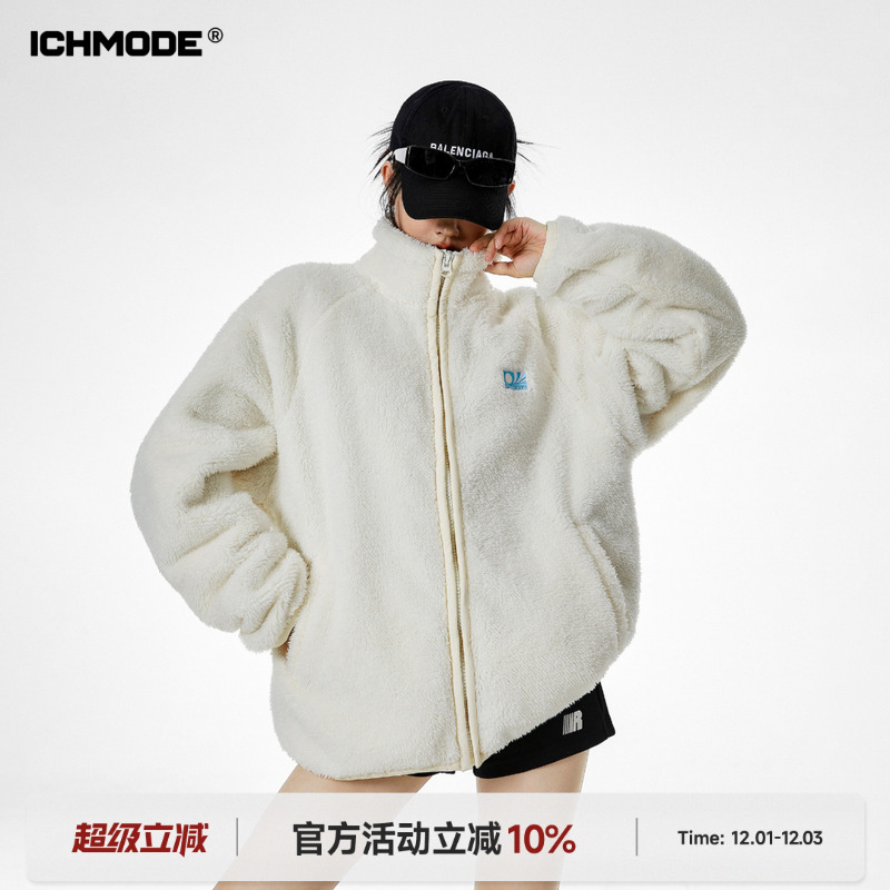 ICHMODE 美式复古摇刺羊羔绒棉服女冬季新款宽松休闲保暖棉衣外套