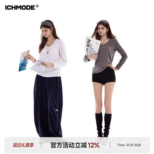 ICHMODE 美式复古长袖T恤女2026春季新款宽松打底内搭正肩短上衣