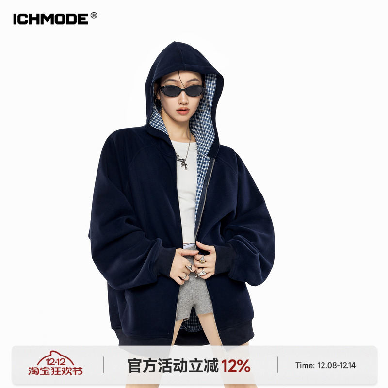 美式双面色连帽卫衣女开衫外套