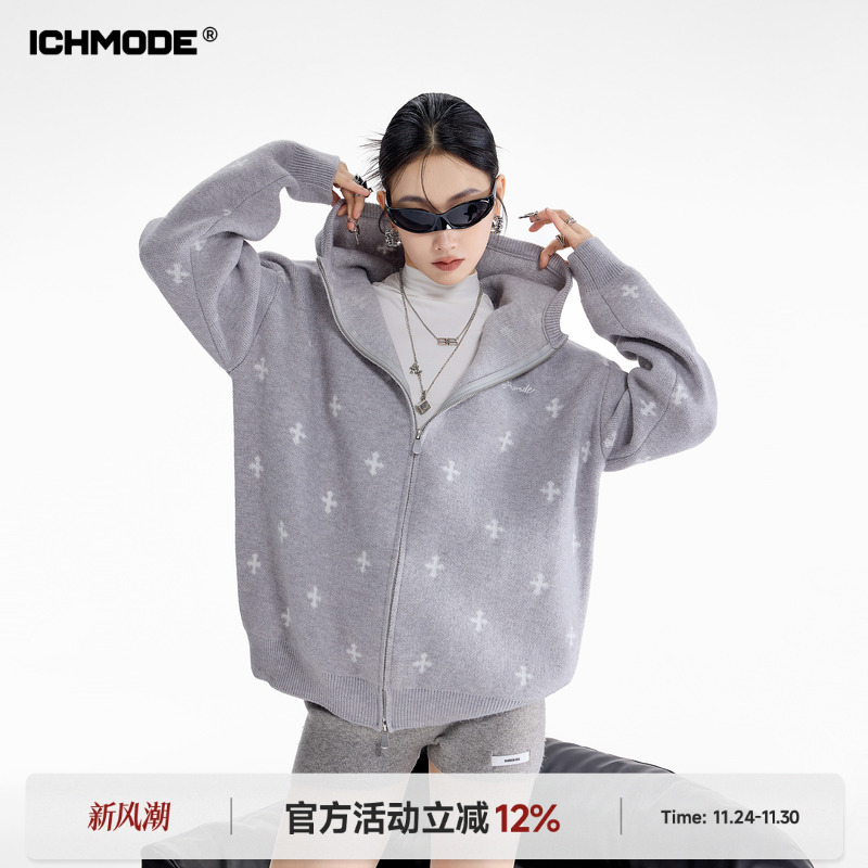 ICH MODE 美式十字满印毛针织衫女冬季慵懒开衫宽松连帽毛衣外套