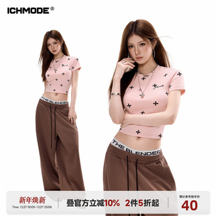 美式 夏季 满印修身 T恤女2026新款 辣妹圆领上衣正肩小t 短款 ICHMODE