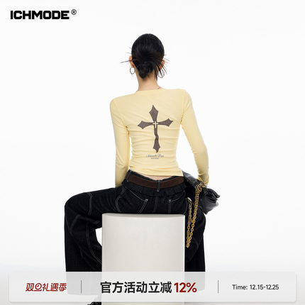 ICH MODE 美式十字架正肩长袖T恤女春季新款修身显瘦一字肩上衣