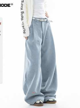 ICHMODE 美式蓝色灯芯绒裤子女冬季宽松运动休闲裤加厚直筒阔腿裤