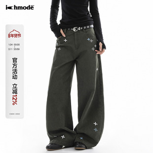 ICH MODE 美式复古刺绣纱卡休闲裤女宽松直筒裤弯刀阔腿裤运动裤