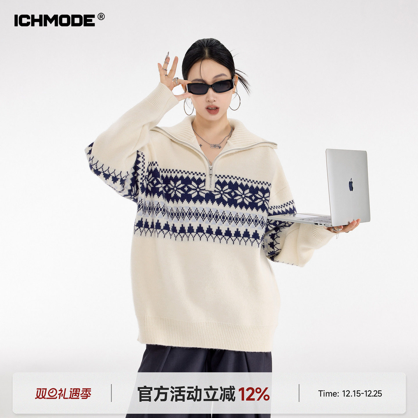ICHMODE 美式复古半拉链费尔岛毛衣女冬季慵懒高级感毛针织衫上衣