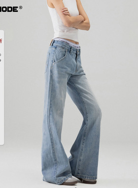 ICH MODE 美式复古蓝微喇牛仔裤女2026年春季新款阔腿修身休闲裤