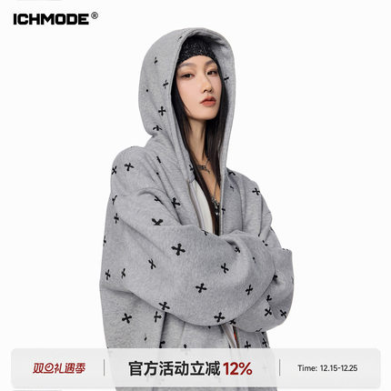 ICHMODE 明星同款哥特风十字满印加绒灰色卫衣外套女春秋开衫上衣