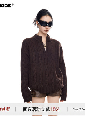 ICH MODE 美式老钱风半拉链棕色毛衣女春秋季polo衫毛针织衫上衣