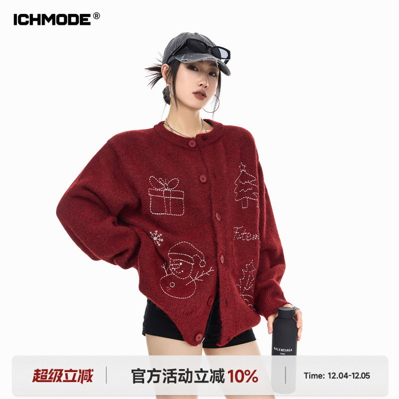ICH MODE 美式圣诞风毛针织衫女冬季复古开衫毛衣慵懒高级感上衣