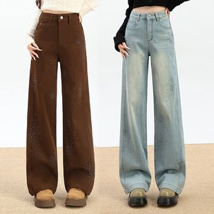 浅蓝色烫钻阔腿牛仔裤女春秋季2026新款高腰宽松休闲拖地直筒裤子