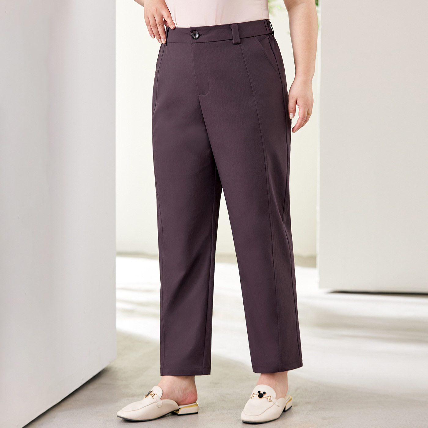 紫色高腰休闲裤女九分裤大码胖mm垂感显瘦松紧百搭春夏小脚哈伦裤