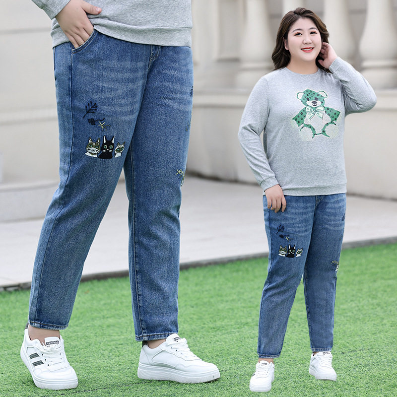 大码牛仔裤女高腰系带哈伦裤2025夏季新款胖mm腿粗刺绣显瘦直筒裤