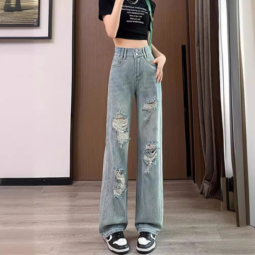 美式破洞直筒牛仔裤女夏季年高腰宽松显瘦窄版阔腿拖地裤直筒裤
