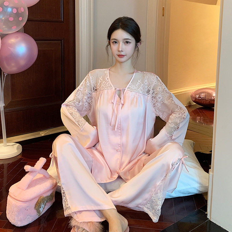 新款长袖女士夏季冰丝睡衣春秋高级感法式蕾丝家居服套装宽松V领