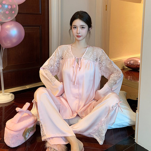 新款长袖女士夏季冰丝睡衣春秋高级感法式蕾丝家居服套装宽松V领