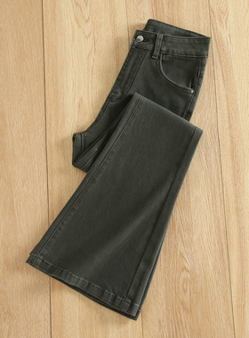 军绿色微喇牛仔裤女2025秋季新款高腰修身显瘦紧身弹力拖地喇叭裤