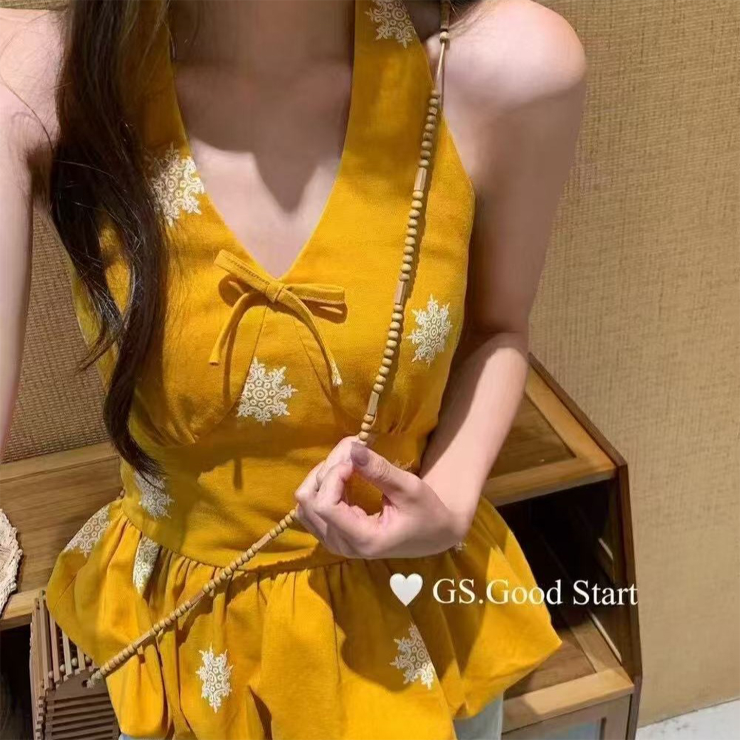 法式甜美V领印花蝴蝶结背心吊带