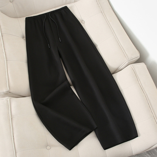 高腰宽松阔腿裤女2026春季新款松紧腰休闲弯刀裤小个子抽绳卫裤