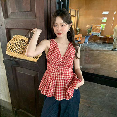 法式复古格子无袖V领背心衬衫