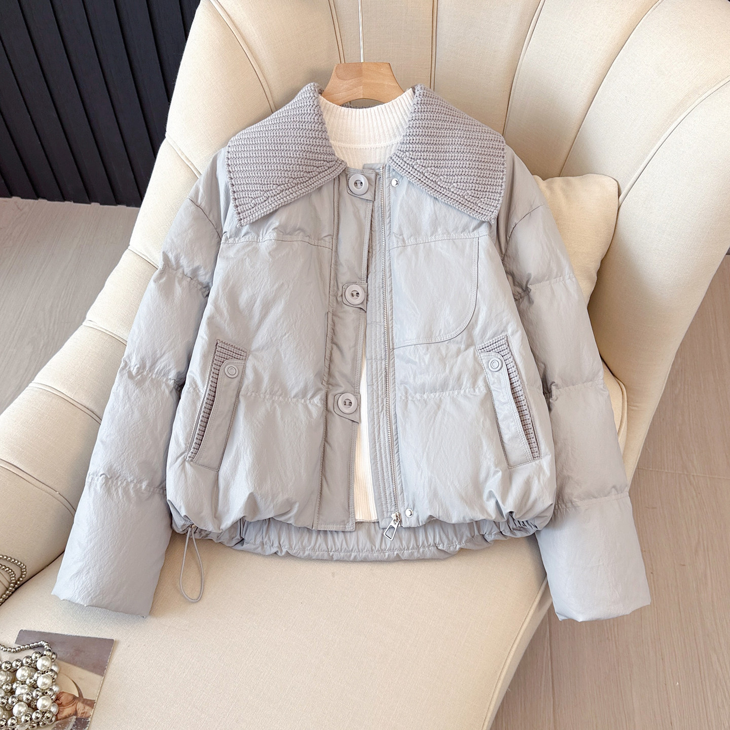 韩系米白色立领羽绒服女2025新款