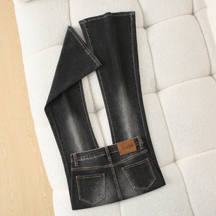 复古洗水微喇牛仔裤女春秋辣妹双扣高腰修身弹力紧身拖地喇叭裤子